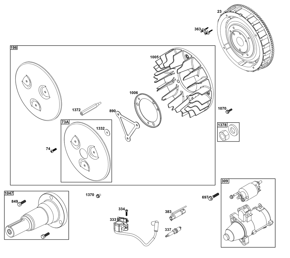 Flywheel, Ignition, And Starter Group Diagram and Parts List for 61E377-0149-J1 400000 - 699999 Briggs and Stratton Engine